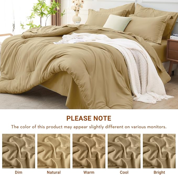 7 Pieces King Comforter Set, Soft Bed in a Bag King Size, All Season Bedding Set with Comforter, Flat Sheet, Fitted Sheet, Pillowcases & Shams, Khaki