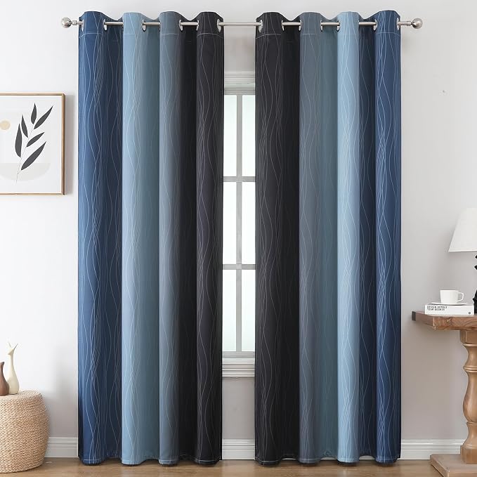 Navy Blue and Black Ombre Blackout Curtains for Living Room 96 Inch Length | Estelar Textiler Room Darkening Curtains for Bedroom,Thermal Insulated,Energy Saving,Grommet Window Drapes,52Wx96L,2 Panels