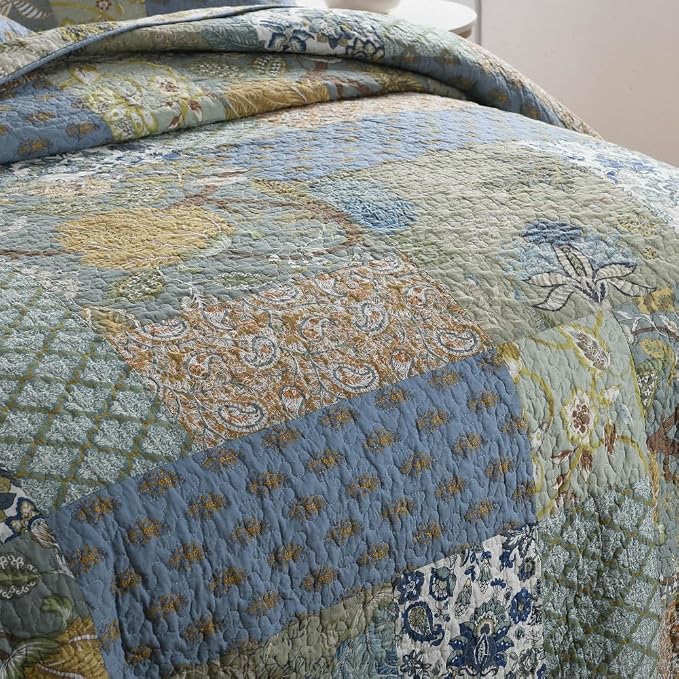 ENASAL Cotton Bedspread Quilt Sets Reversible Bedding Coverlet Sets Comforter, Patchwork Vintage Floral Paisley Farmhouse Pastoral Turquoise Bedspread, Queen Size