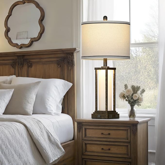 Cinkeda 27" Tall Vintage Table Lamp with USB C+A & Outlet,Bronze Industrial End Table Lamp for Living Room,Farmhouse Rustic Bedside Lamp with Frosted Glass Night Light for Bedroom Nightstand,Bronze-1P