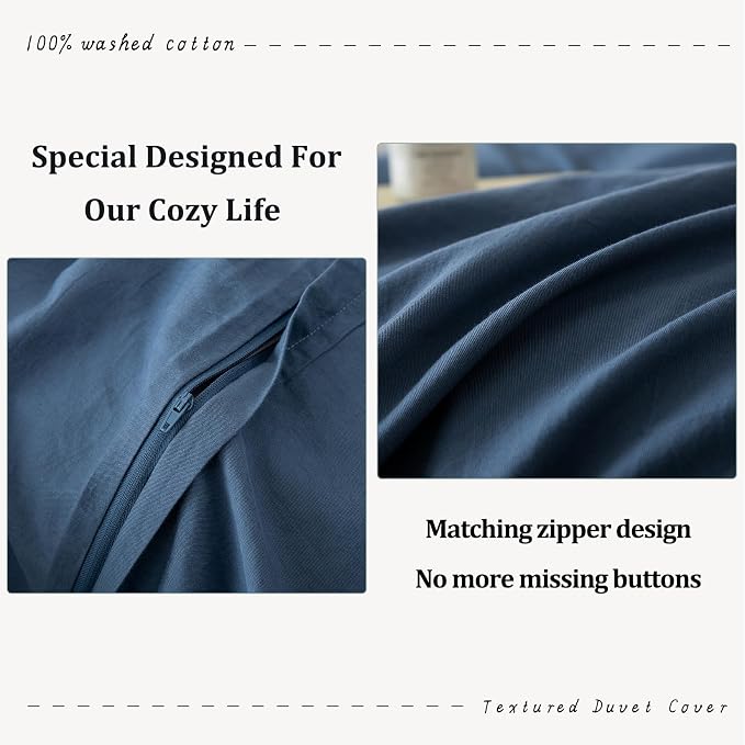 BDEAR 3Pcs Gray Blue Duvet Cover Set King Size 104" W x 90" L, Oeko TEX | 100% Washed Cotton, 1 Duvet Cover with 2 Pillowcases, Zipper Closure, 8 Corner Ties,Linen-Liked Texture, Skin Friendly