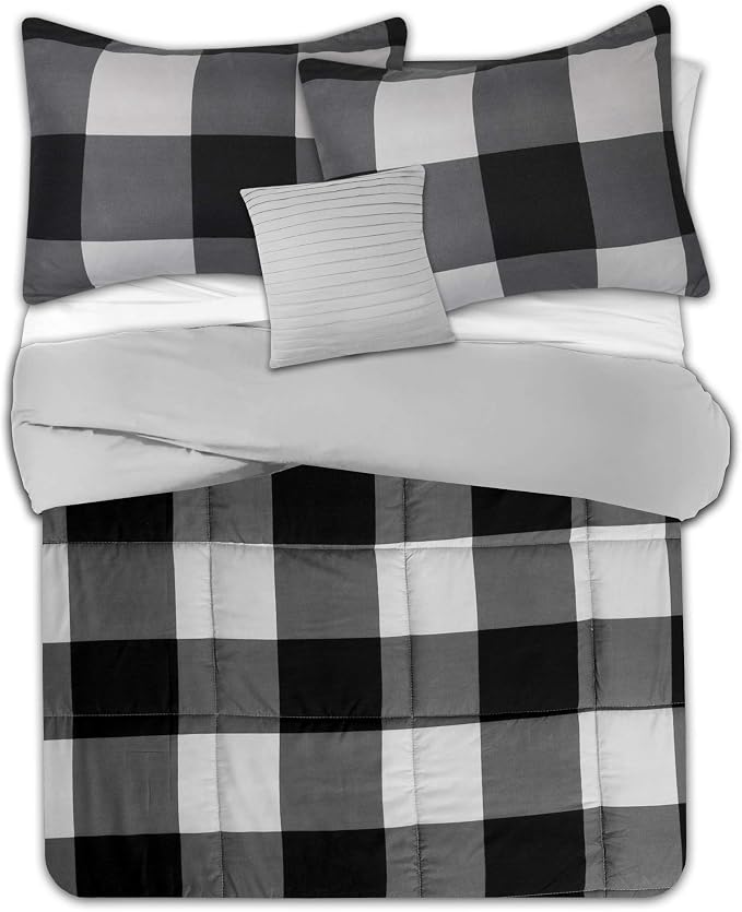 7 Piece Comforter Set Bag Solid Color All Season Soft Down Alternative Blanket & Luxurious Microfiber Bed Sheets, Full, Buffalo Plaid Black/Gray