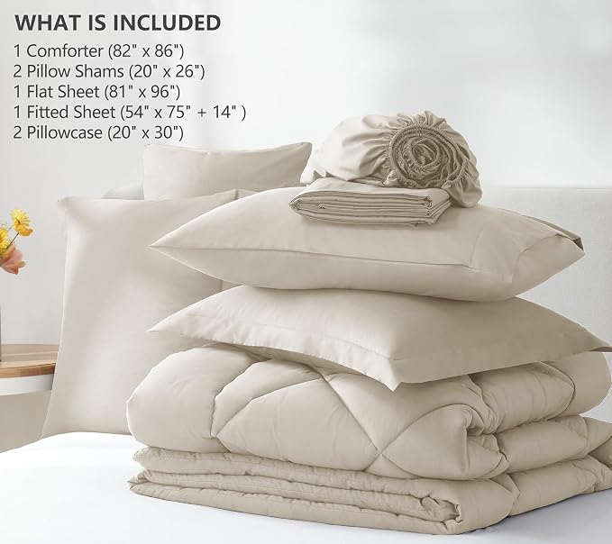 Full Size Comforter Sets Oatmeal - 7 Pieces Complete Bedding Set | OEKO-TEX Certified, All Season, 240GSM Down-Alternative Comforter, Sheets, Pillowcases & Shams, 14" Deep Pocket, Easy Care