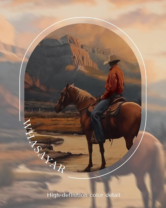 Western Cowboy Framed Canvas Wall Art 12x16 Inch, Horse Rider at Sunset Print Rustic Mountain Landscape Painting, American West Country Home Office Bedroom Wall Decor