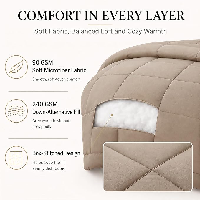 Queen Comforter Set Khaki - 7 Pieces Bed in a Bag | OEKO-TEX Certified, All-Season, Bedroom, Guest Room, Down-Alternative Comforter + Flat & Fitted Sheets + 4 Pillowcases