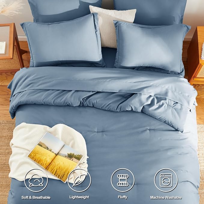 HIMEET King Comforter Set, 7-Piece Point-Quilted Bed in a Bag, Grayish Blue | OEKO-TEX Certified, Lightweight 240 GSM Comforter, Flat Sheet, 14-Inch Deep-Pocket Fitted Sheet, Pillowcases & Shams