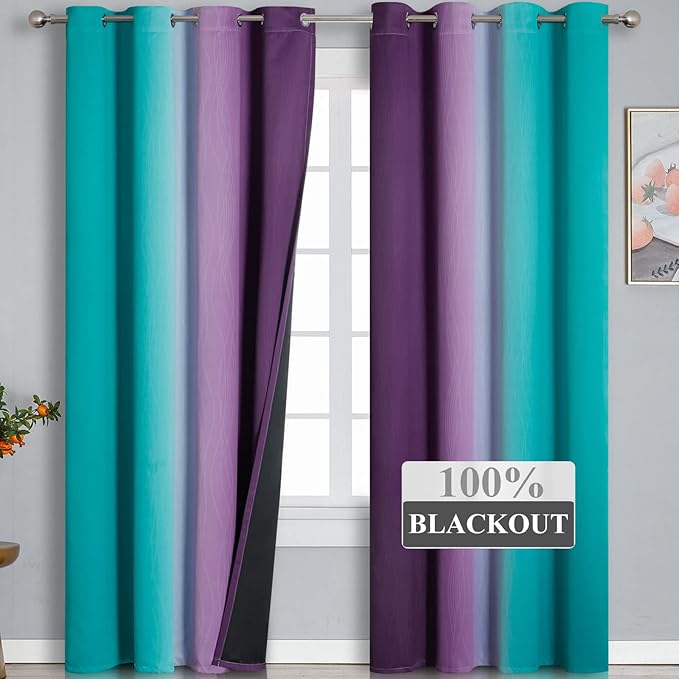 Ombre Teal and Purple Blackout Curtains for Kids Bedroom | Room Darkening Thermal Insulated Gradient Curtains, Full Light Blocking Grommet Drapes for Living Room,52Wx96L Inch, 2 Panels