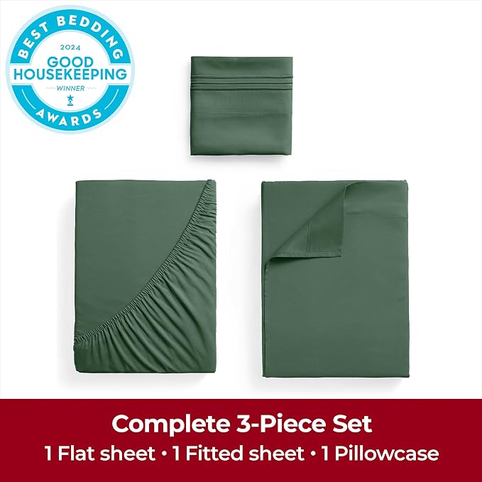 Mellanni Extra Deep Twin XL Sheets - 3 PC Iconic Collection Bedding | Hotel Luxury, Ultra Soft, Cooling Bed Sheets - Wrinkle, Fade, Stain Resistant (Twin Extra Long, Emerald Green)