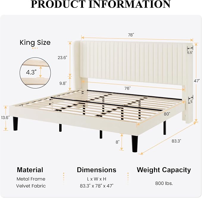 SHA CERLIN King Size Velvet Bed Frame, Tufted Wingback Headboard, Cream | 47'' Modern Vertical Channel Headboard, Upholstered Platform Bed, Wood Slats, No Box Spring Needed, Easy Assembly, Noise Free