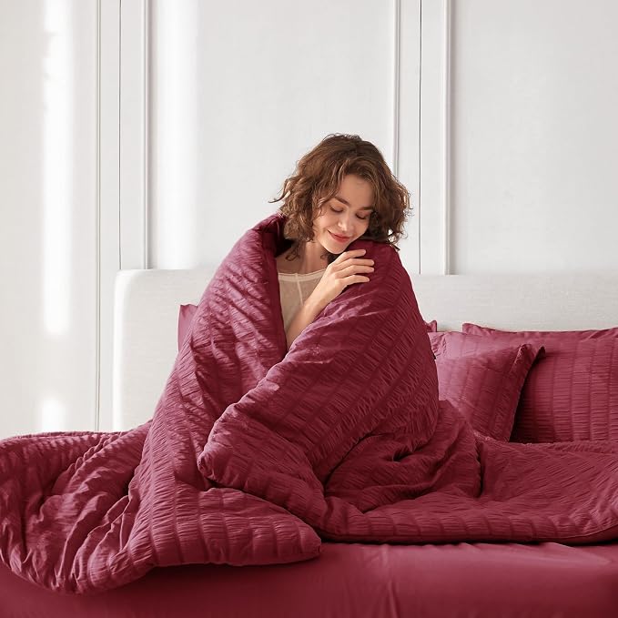 7 Pieces Oversized King Comforter Set, Seersucker Bed in a Bag Oversized King Size, All Season Luxury Bedding Set with Comforter, Flat Sheet, Fitted Sheet, Pillowcases & Shams, Burgundy
