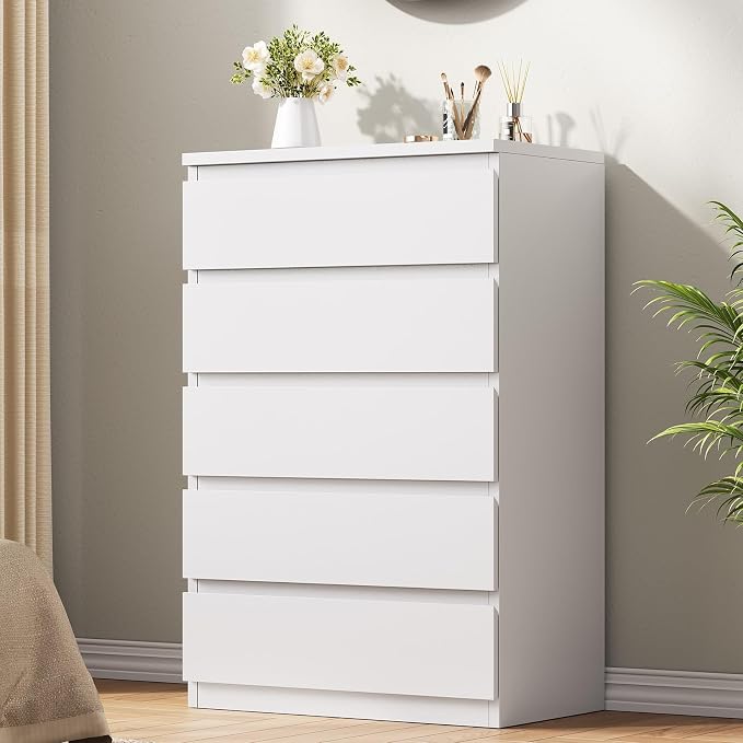 Jocoevol White 5 Drawer Dresser for Bedroom, 15" D x 23.7" W x 40.4" H in Simply Modern Chest of Drawers, Wood Storage Dresser with Deep Drawers for Living Room Hallway Entryway, White