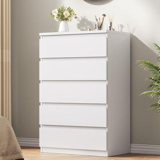 Jocoevol White 5 Drawer Dresser for Bedroom, 15" D x 23.7" W x 40.4" H in Simply Modern Chest of Drawers, Wood Storage Dresser with Deep Drawers for Living Room Hallway Entryway, White