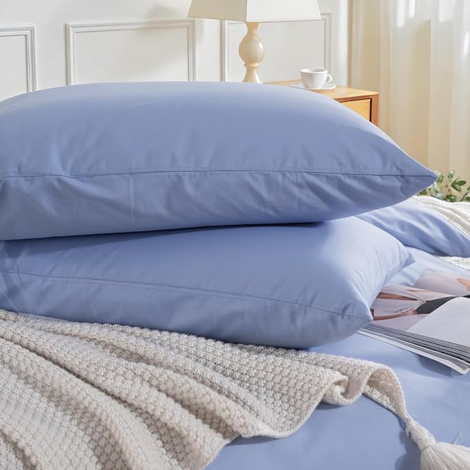 NEXHOME PRO Queen Duvet Cover Set, 100% Washed Cotton with Linen-Like Texture, Natural Organic, Breathable & Comfortable, Includes Home Bedding Set Baby Blue (No Comforter) 9090
