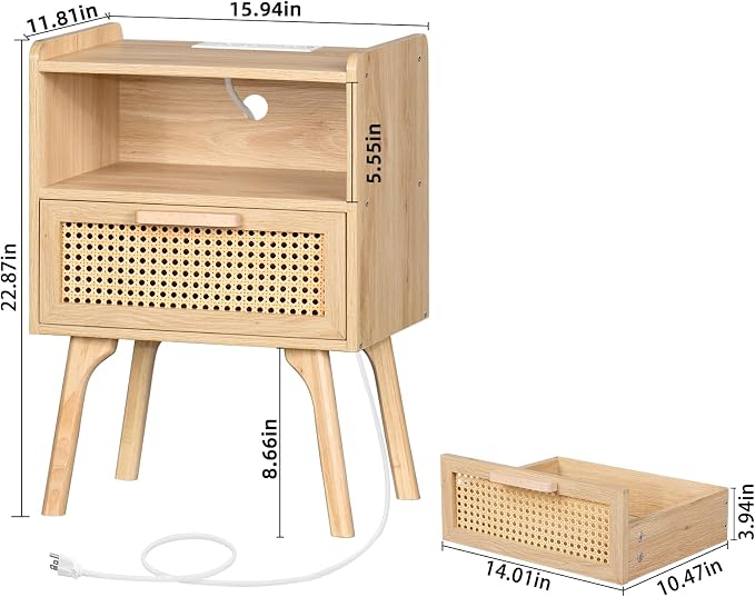 Lerliuo Rattan Nightstand with Charging Station, Boho Night Stand | Handmade Natural Rattan Drawer, Cane Accent Side End Tables with Solid Wood Legs for Bedroom, Dorm, Small Spaces