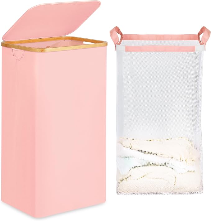 efluky 26 Gal Laundry Basket with Lid and Net Bag, Tall Laundry Hamper with Bamboo Handles, Aesthetic Dirty Clothes Bin for Laundry Room, Bathroom, Bedroom and Dorm, Pastel‌