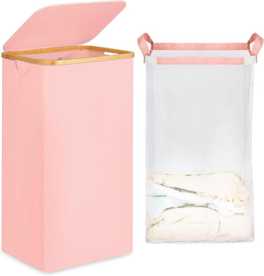 efluky 26 Gal Laundry Basket with Lid and Net Bag, Tall Laundry Hamper with Bamboo Handles, Aesthetic Dirty Clothes Bin for Laundry Room, Bathroom, Bedroom and Dorm, Pastel‌
