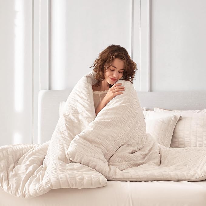 7 Pieces Oversized Queen Comforter Set, Seersucker Bed in a Bag Oversized Queen Size, All Season Luxury Bedding Set with Comforter, Flat Sheet, Fitted Sheet, Pillowcases & Shams, Beige