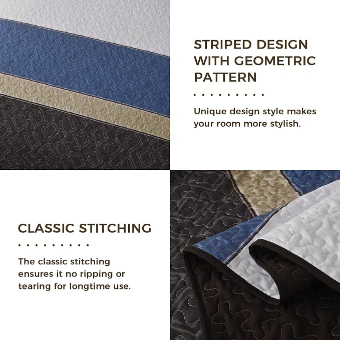 Cottolester Quilts Queen Size,Brown Blue Striped Bedspread Coverlet Set | Modern Striped plaid Pattern Design,Ultra Soft Lightweight Microfiber Quilted Bedding Sets for All Seasons 110"x90"
