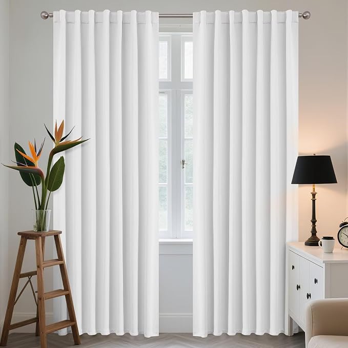 Joydeco 96 Inch 60% Blackout Curtains 2 Panels, Semi Sheer Blackout Curtains for Bedroom, White Curtains, Black Out Drapes for Living Room, Rod Pocket Back Tab Drapes(W52 x L96 Inch,Pure White)
