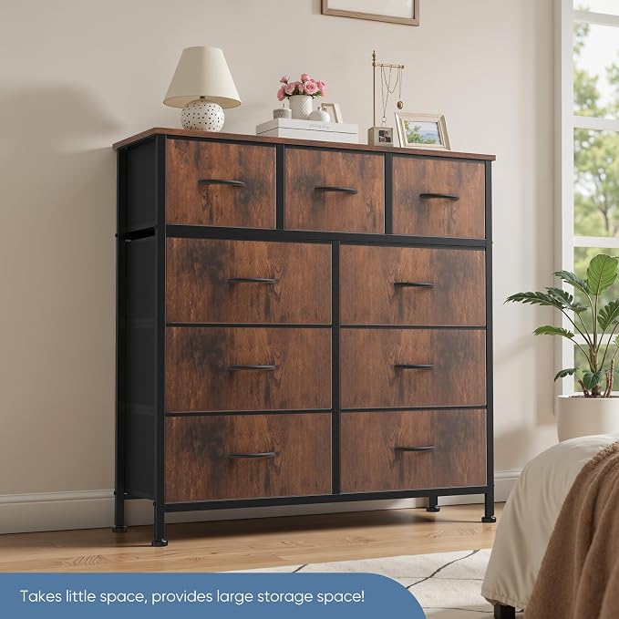 DUMOS Dresser for Bedroom, Storage Organizer with 9 Drawers | Chest of Drawers with Fabric Bins, Sturdy Metal Frame, Wood Tabletop for Guest Room, Closet, Entryway, Rustic Brown
