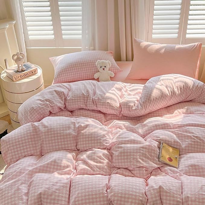 LifeTB Pink Gingham Comforter Set King Vintage Plaid Checkered Pattern Comforter with 2 Pillowcases Lightweight Farmhouse Gingham Bedding Set Breathable Pink Grid Plaid Bedding Comforter Set