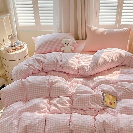 LifeTB Pink Gingham Comforter Set King Vintage Plaid Checkered Pattern Comforter with 2 Pillowcases Lightweight Farmhouse Gingham Bedding Set Breathable Pink Grid Plaid Bedding Comforter Set