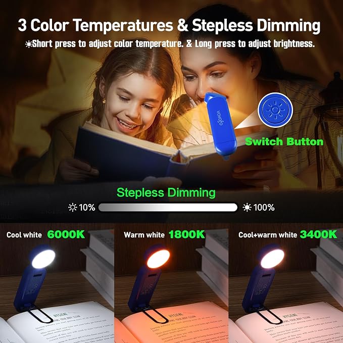 VAVOFO USB Rechargeable Book Light, Bookmark Clip on LED Reading Light | 3 Colors 9 Lighting modes clip on book light, Eye Care Glow for Bed Reading, Christmas Gift for Bookworms, Book Accesories
