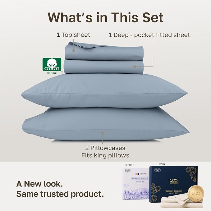 California Design Den Luxury 1000 Thread Count King Sheet Set, 4 Pcs, Blue | Backed by Good Housekeeping Seal - 100% Cotton Sateen - Soft, Thick & Heavy, 16" Deep Pocket, All-Around Elastic, Durable
