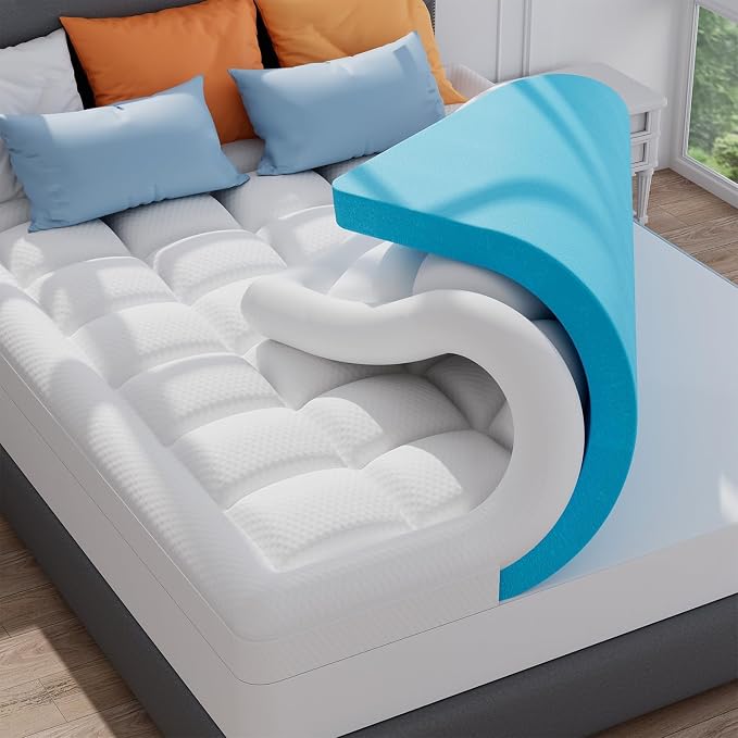 ELEMUSE 3 Inch Queen Dual Layer Memory Foam Mattress Topper with Pillowtop | 2 Inch Cooling Gel Foam,1 Inch Soft Pillowtop Pad, Pressure Relief Bed Topper, Comfortable Support
