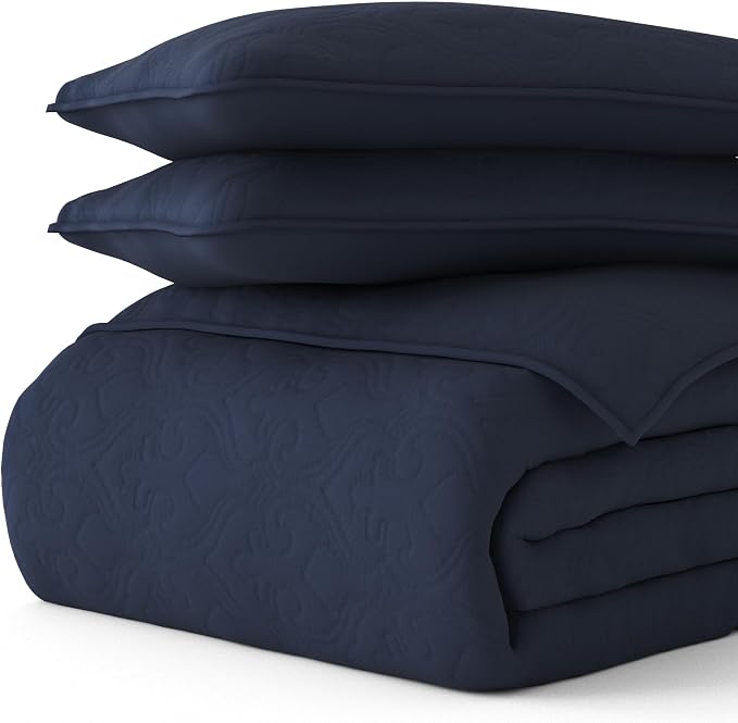 Merit Linens Classic Quilt Coverlet Soft Set in Damask Stitching - King/Cal-King Navy