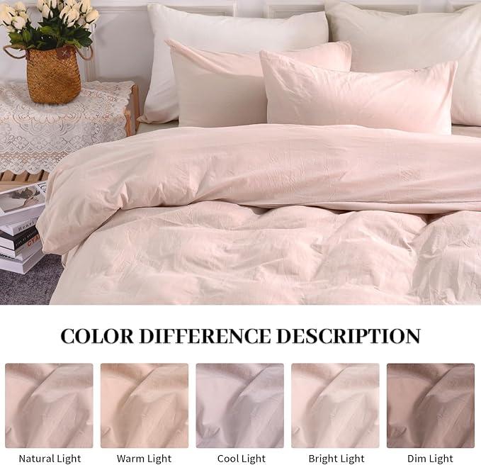 NEXHOME PRO Duvet Cover Set Twin Size Linen Feel Textured Organic Natural 100% Washed Cotton Duvet Cover 2 Pieces Bedding Set with Zipper Closure, Breathable, Dusty Pink(No Comforter)