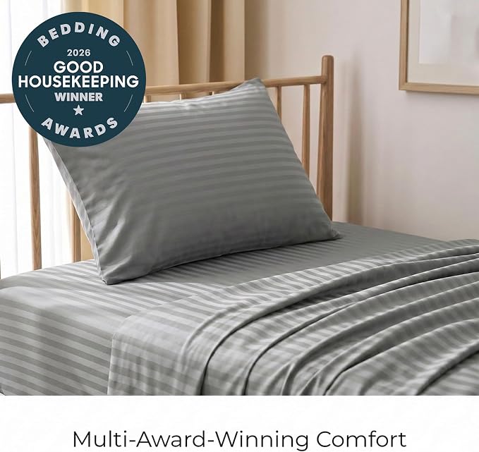 Mellanni Iconic 3-PC, Ultra Soft Sheet Set (Twin XL, Striped Gray/Silver) | 10M+ Sleepers. Lab-tested: Sleeps Cool, Stays Bright, Strong, Smooth. Good Housekeeping Best Bedding, 7 yrs running.