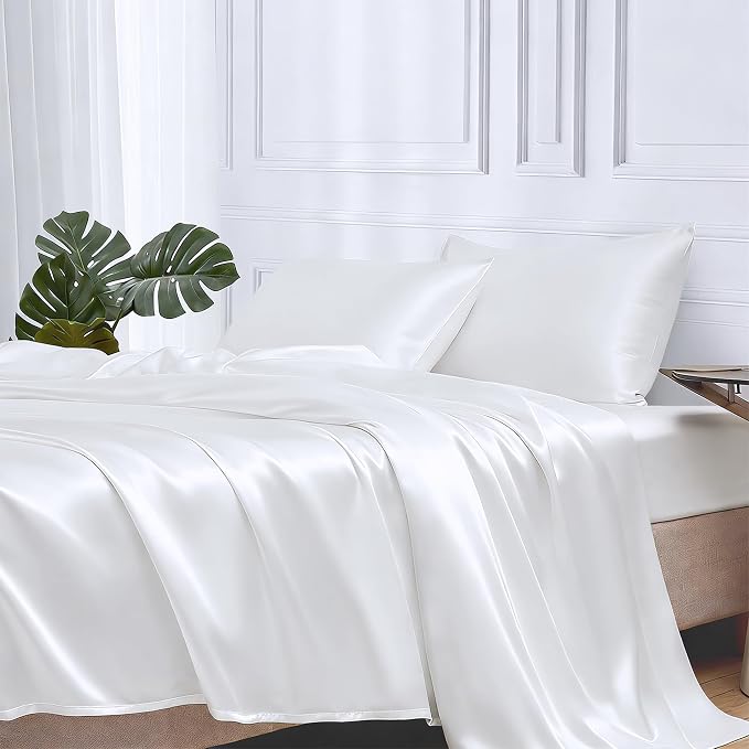 MR&HM Satin Sheets California King Size Sheet Set, White, 4 Pieces | Silky Bed Sheets with Elastic Corner Straps, 15" Deep Pocket, Similar to Silk, Gentle on Skin and Hair, Soft & Cooling