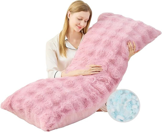 YZ HOME Faux Fur Fluffy Body Pillow for Adults, Soft Support | Firm Body Pillow, Adjustable Support for Side Sleeping, Pregnant Women, Washable cover,Gifts, 20x54 Inch (Pink)