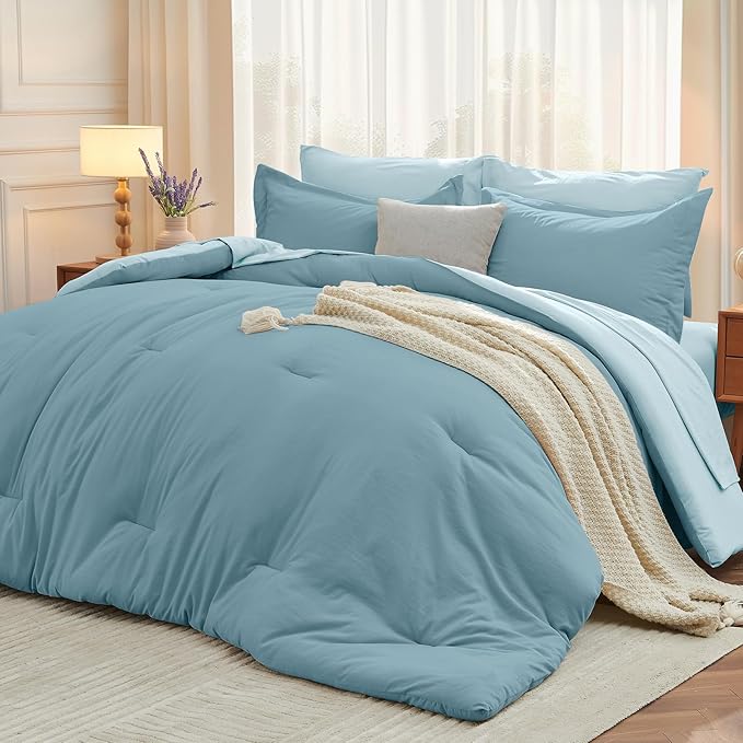 7 Pieces King Comforter Set, Soft Bed in a Bag King Size, All Season Bedding Set with Comforter, Flat Sheet, Fitted Sheet, Pillowcases & Shams, Mineral Blue & Light Blue