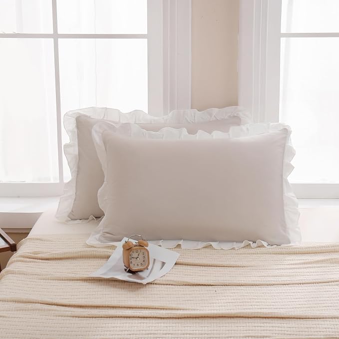Merryword Beige Pillow Shams Beige and White Reversible King Pillowcases Cute Pillow Cover Set of 2 Soft Shabby Chic Ruffled Pillowcases 2 Pack (King (20''x36''), Beige White)