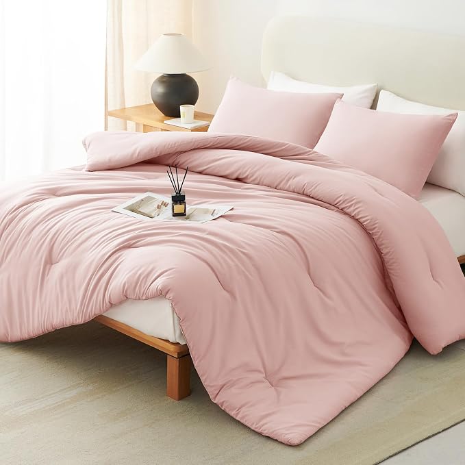 Full Comforter Set, 3 Pieces Down Alternative Bedding, Blush Pink | 270 GSM All Season Comforter with 4 Corner Ties for Use as a Duvet Insert, OEKO-TEX Certified, 2 Pillowcases, 82 x 86 in