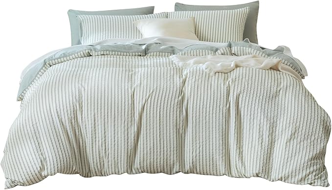 Queen Size Comforter Set Striped Soft Luxury Washed Microfiber Jacquard 3 Pieces Bedding, Sage Green Vertical Ticking Stripes Pattern Comforter with 2 Pillowcases Breathable Durable Comfy