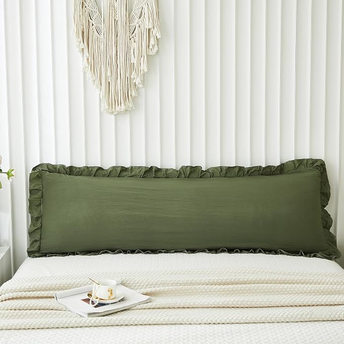 Shabby Chic Olive Green Body Pillow Cover - 20x54in Long Pillowcase with Ruffled Fringe Decor