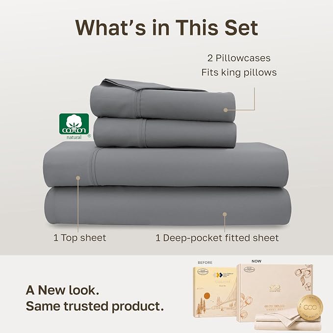 California Design Den Soft 100% Cotton King Sheets Deep Pocket Set | 400 Thread Count Backed by Good Housekeeping Seal, 16" Deep Pocket, All-Around Elastic, Durable, Easy Care - Slate Grey