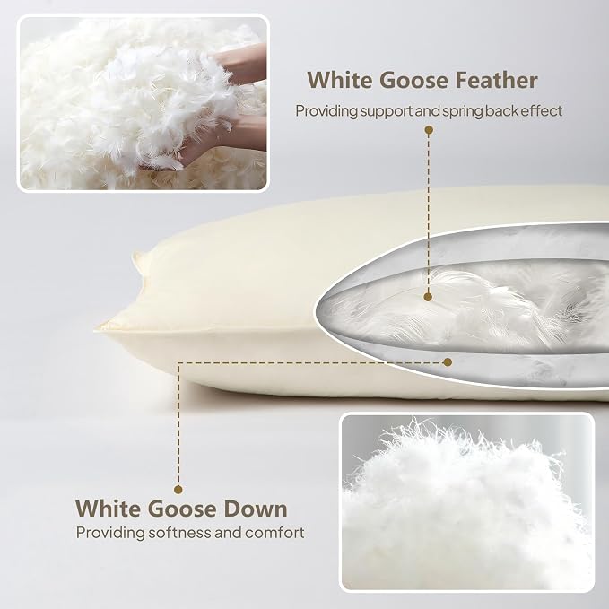 Goose Down Body Pillows for Adults, Large Body Pillow for Side Sleeper, Hugging Feather Body Pillow Insert, Cooling Full Length Long Pillow for Bed with 100% Organic Cotton Shell, (Beige 20"x60")