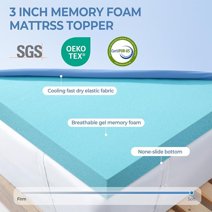 Ninemoon 3 Inch Memory Foam Mattress Topper with Cool Nylon-Spandex Cover | Twin Size High Density Cooling Gel Infused Foma Bed Topper Pressure Relief Soft Topper