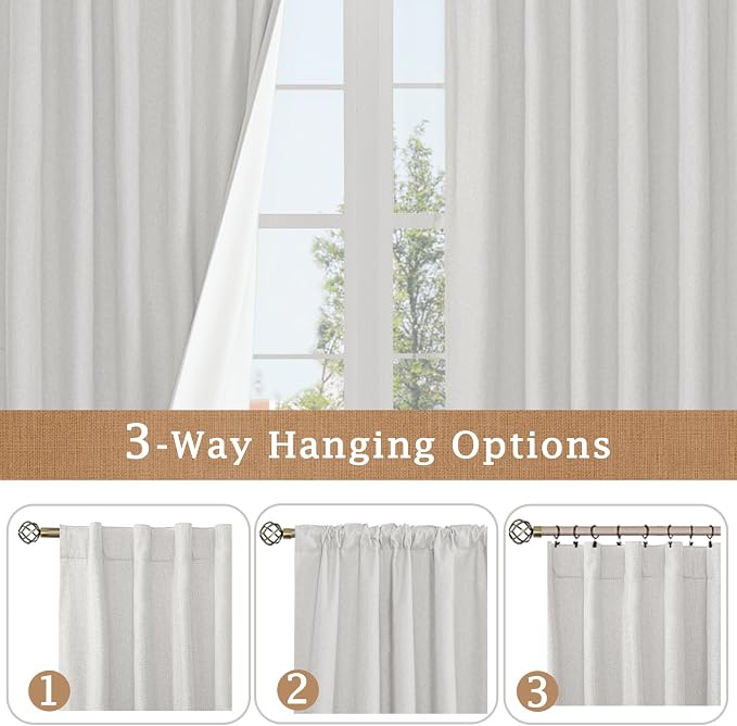 Light Grey 100% Blackout Linen Bedroom Curtains 63 Inches 2 Panels | Linen Textured, Thermal Farmhouse Curtains, Privacy, Rod Pocket Back Tab, Burlap Panels, with White Liner, 52 x 63 Inch