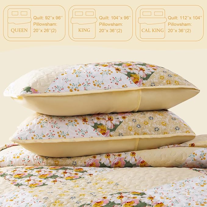 Exclusivo Mezcla Reversible Boho Quilt King Size Yellow | Lightweight Soft Bedspreads, All Season Patchwork Coverlet Bedding Set, Printed Floral Pattern, 1 Quilt and 2 Pillow Shams