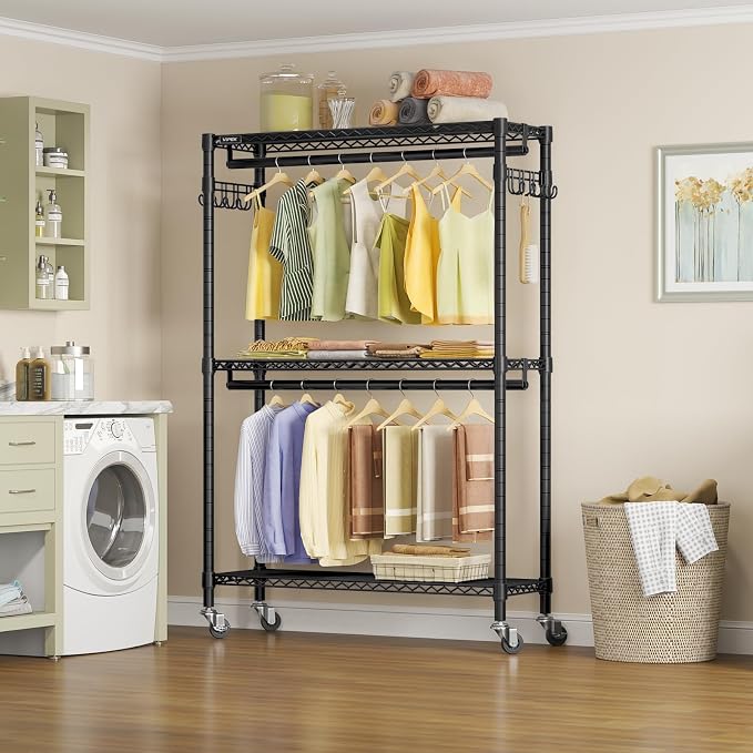 VIPEK R2 Plus Clothes Rack Heavy Duty Rolling Closet for Hanging Clothes | Lockable Silent Wheels, Double Hanging Rods, Adjustable Wire Shelving, Metal Side Hooks, Load 650lbs, for Bedroom/Home, Black