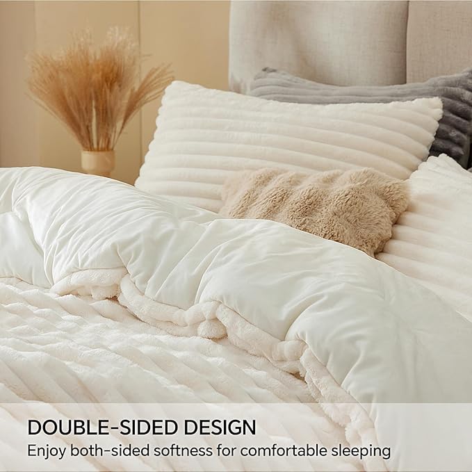 BEDELITE Fleece Twin/Twin XL Comforter Set, Fluffy Bed Set, Cream White | Super Soft & Warm Bedding, Luxury Fuzzy Faux Fur Comforter for Winter, Heavy Plush Bedding, with 1 Pillowcase