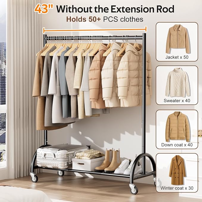 MISSLO Heavy Duty Clothing Rack with Wheels Rolling Clothes Racks for Hanging Clothes, Coats, Garment, Dress, Black (Pack of 2)