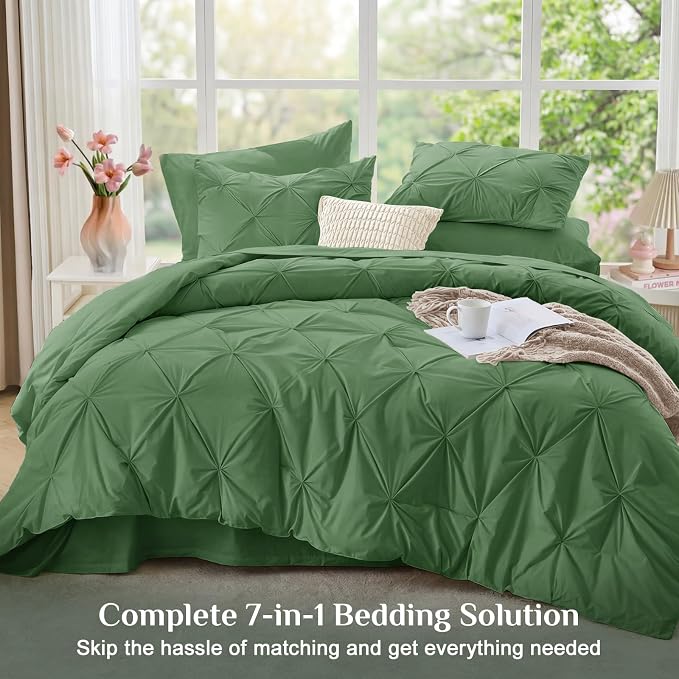 JOLLYVOGUE Full Size Comforter Sets 7 Pieces - Bed in a Bag Full for All Season, Pintuck Bedding Comforter Sets with Comforter, Flat Sheet, Fitted Sheet and Pillowcases & Shams, Green