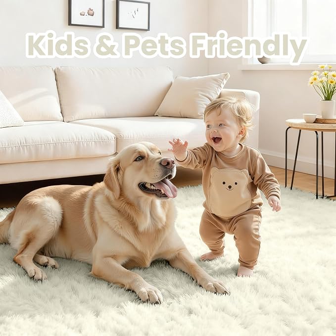 5x7 Fluffy Shag Area Rugs for Living Room Bedroom: Soft Carpet Cream White | Upgraded Non-Slip Thick Memory Foam, Ultra Soft, Non-Shedding Fuzzy Carpet, Easy Clean Decor for Kids Room, Nursery, Playroom