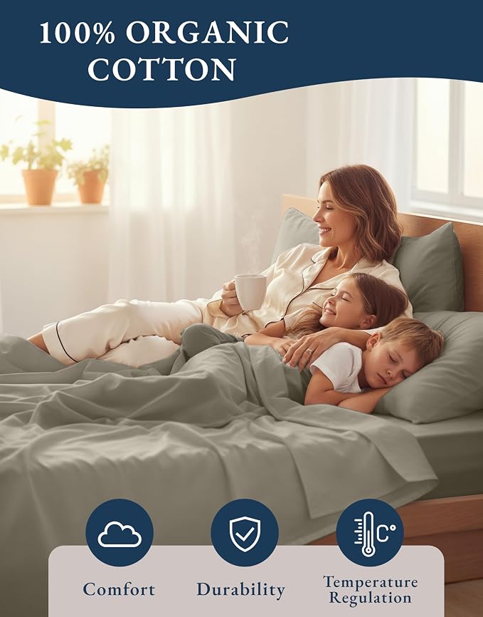 Lane Linen Twin Sheet Set 100% Organic Cotton Cooling Soft 3pc - Silver